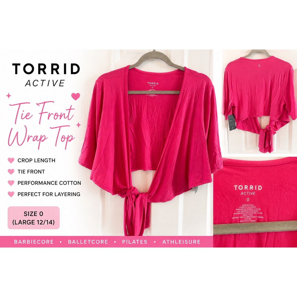 Torrid Active Pink Tie Front Crop‎ Wrap Top 0 Large Barbiecore Balletcore Y2K